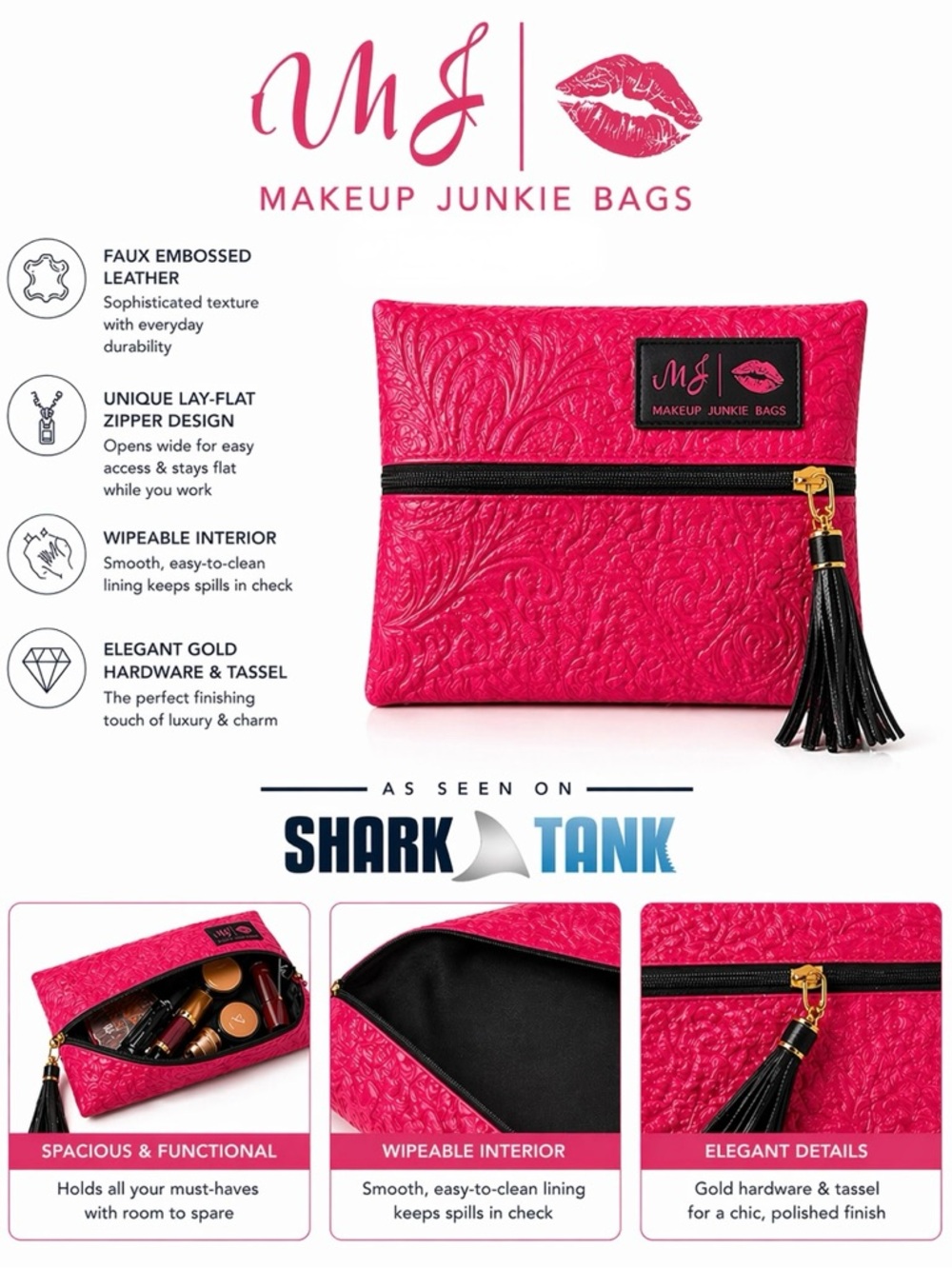 MJ Makeup Junkie Dream Pink Bag Embossed Faux Leather Small 7”x 9”